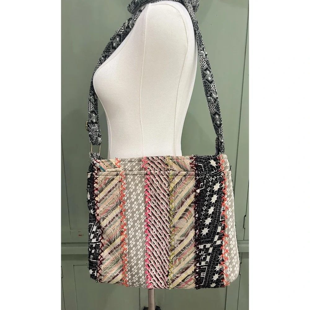 Demdaco Recycled Cross Body Bag Quilted Patchwork Woven Bohemian Festival Earthy